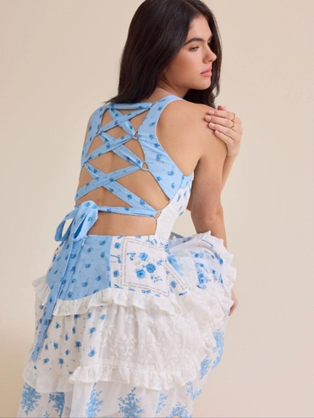 Altar'd State Blue & White Lotus Patchwork Mini Dress - Picture 2 of 7